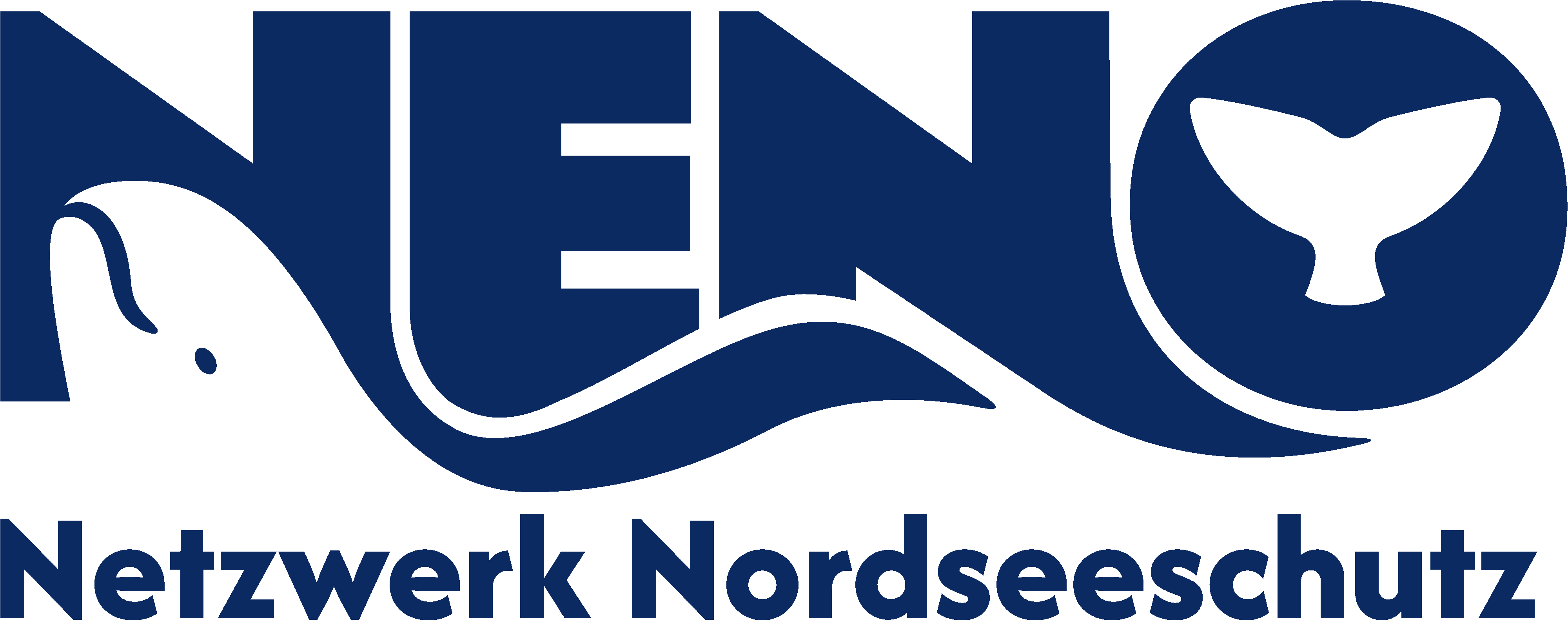 Logo of "Netzwerk Nordseeschutz" featuring the acronym "NENO" in bold dark blue letters. The "N" includes the outline of a porpoise’s head, the second "N" has a wave integrated along its base, and the "O" contains a stylized whale tail. Below the acronym, the full name “Netzwerk Nordseeschutz” is written in dark blue text.