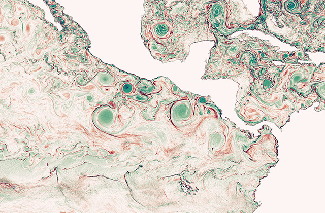 Eine stilisierte Satellitenvisualisierung von Meeresoberflächenströmungen im Golf von Mexiko und dem Atlantik nahe dem Südosten der USA. Die Darstellung zeigt wirbelnde Strömungen und fließende Muster in Grün-, Rot- und Weißtönen, die einen marmorierten, abstrakten Effekt erzeugen. Die Landmassen sind in gedämpften Farben mit detaillierten Küstenlinien dargestellt, während die Meeresströmungen dynamisch und chaotisch wirken und die Turbulenz und Komplexität der ozeanischen Bewegungen betonen.