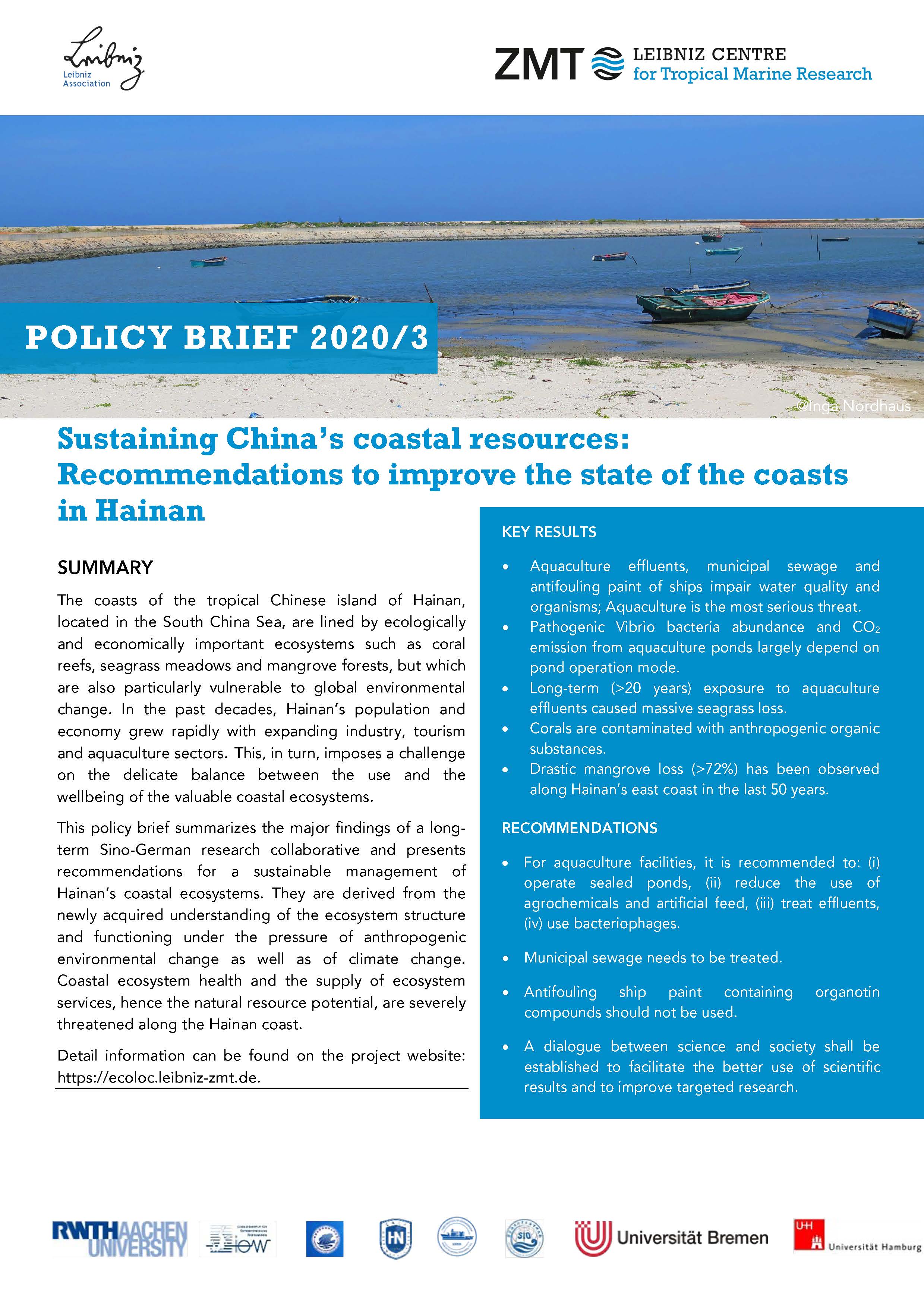 Cover of policy brief China titled Sustaining China's Coastal Resources
