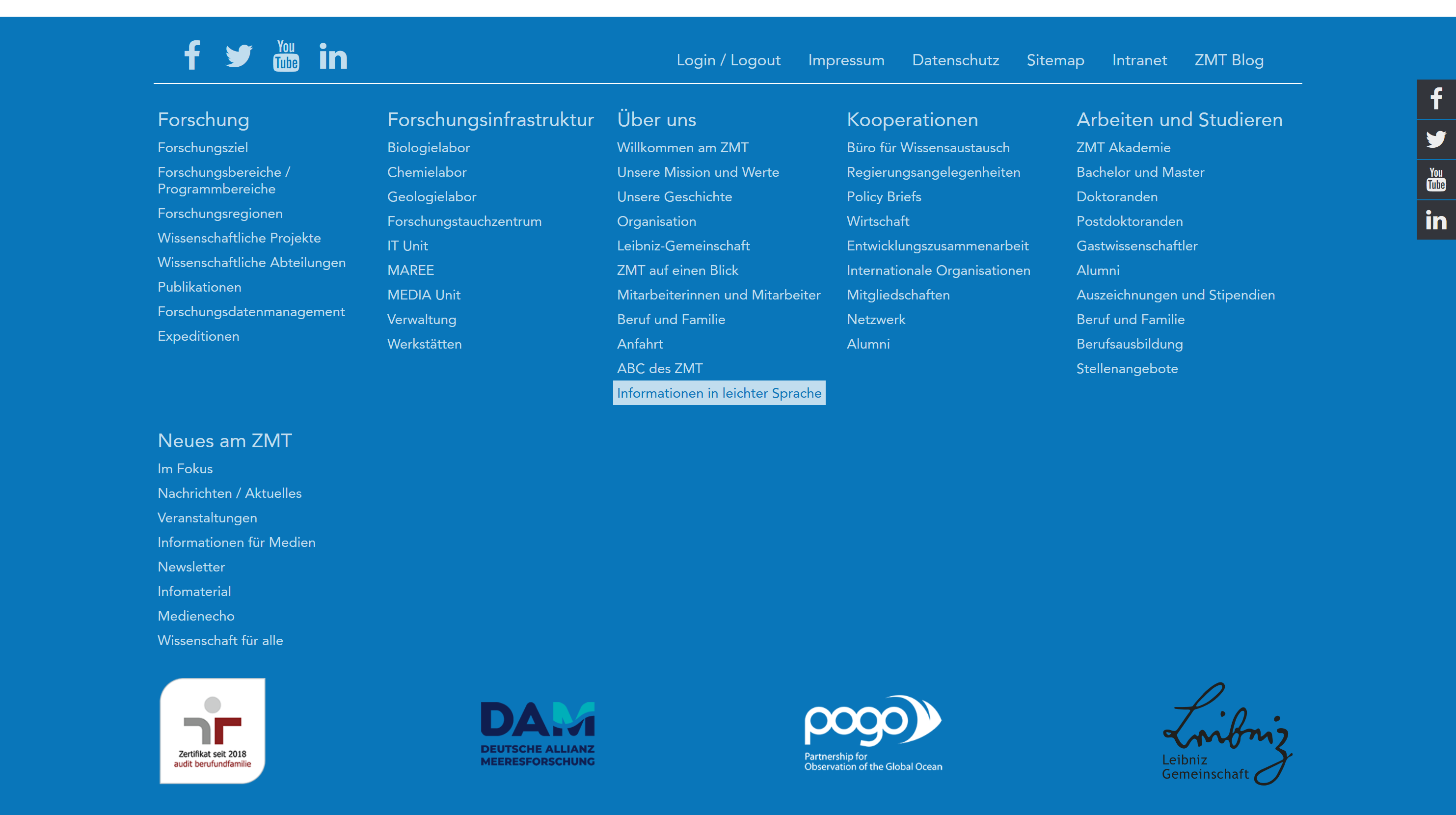 Bildschirmfoto des unteren Bereichs der ZMT-Webseite (Footer)