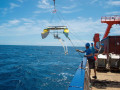 Der Katamaran wird über steuerbord vor der Atlantikküste Südafrikas von der FS Meteor zu Wasser gelassen.