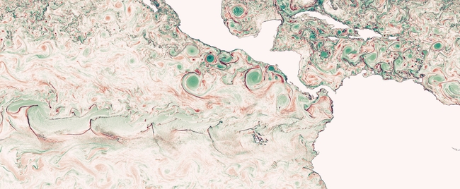 **Alt-Text (Deutsch):** Eine stilisierte Satellitenvisualisierung von Meeresoberflächenströmungen im Golf von Mexiko und dem Atlantik nahe dem Südosten der USA. Die Darstellung zeigt wirbelnde Strömungen und fließende Muster in Grün-, Rot- und Weißtönen, die einen marmorierten, abstrakten Effekt erzeugen. Die Landmassen sind in gedämpften Farben mit detaillierten Küstenlinien dargestellt, während die Meeresströmungen dynamisch und chaotisch wirken und die Turbulenz und Komplexität der ozeanischen Bewegungen betonen.