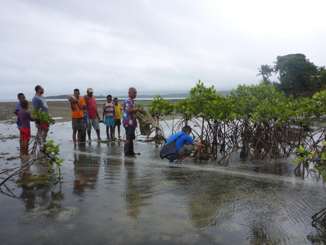 ZMT-Forscher bereiten mit Kindern in Fidschi und Vertretern des dortigen Meeresschutzgebiets Messungen vor, um Wellenabschwächung durch eine angepflanzte Mangrove zu bestimmen | Foto: Martin Zimmer