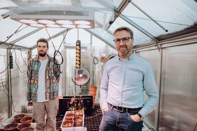 Zwei Männer stehen in einem Gewächshaus, einer links mit dunklen Haaren und Bart, der andere rechts mit Brille, Jeans und hellem blauen Hemd , Foto von Ben Eichler