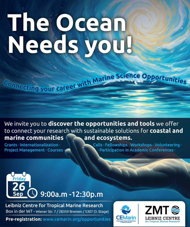Promotional poster for a marine science event with the headline “The Ocean Needs you!” over a swirling ocean and glowing sun in the sky. A hand rises from the water in the foreground, symbolizing a call to action. Subheadline reads: “Connecting your career with Marine Science Opportunities.” The event invites participants to “discover the opportunities and tools” to support sustainable solutions for coastal and marine communities and ecosystems. Listed opportunities include grants, fellowships, workshops, volunteering, internationalization, project management, and more. Event details: Friday, September 26, from 9:00 a.m. to 12:30 p.m. at the Leibniz Centre for Tropical Marine Research in Bremen, Germany. Logos of CEMarin and ZMT appear at the bottom