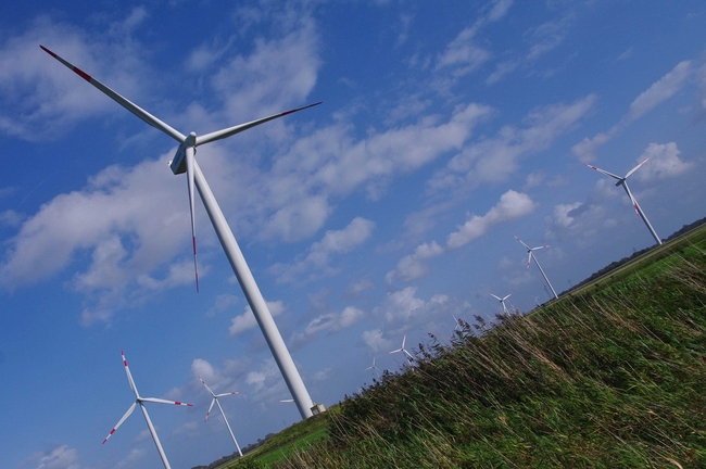 das Bild zeigt eien Reihe von Windkraftturbinen an der Küste in Norddeutschland